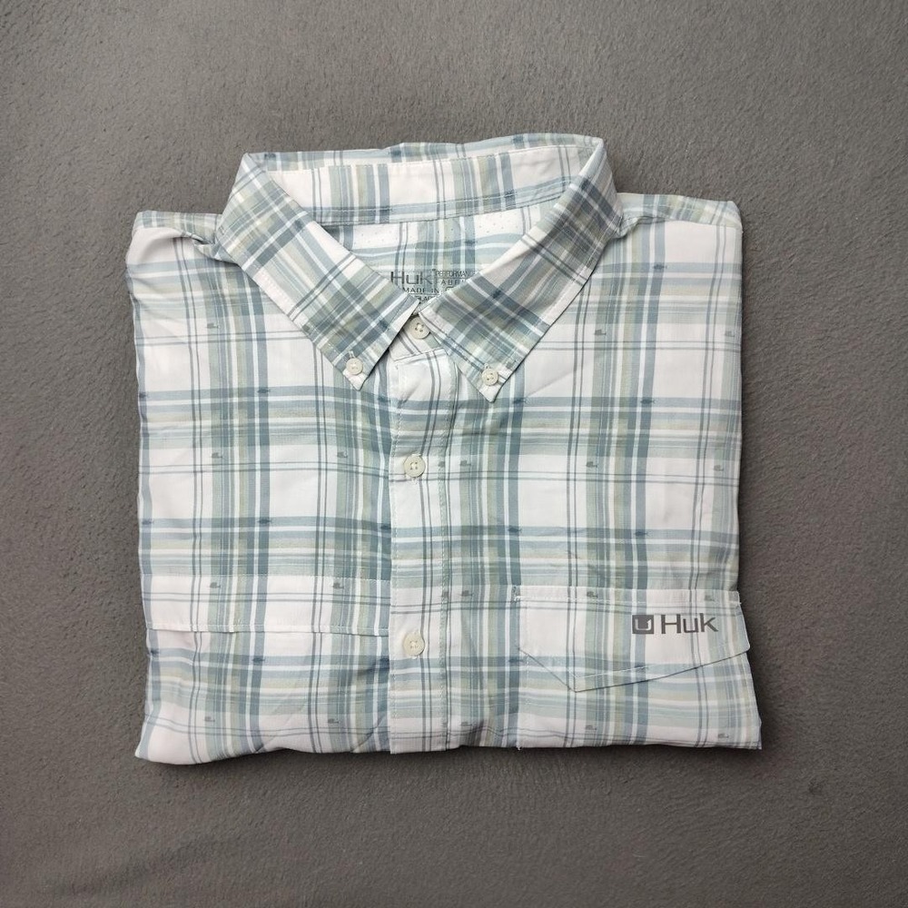 Huk Men's White and Light Blue Plaid Button-Down Shirt